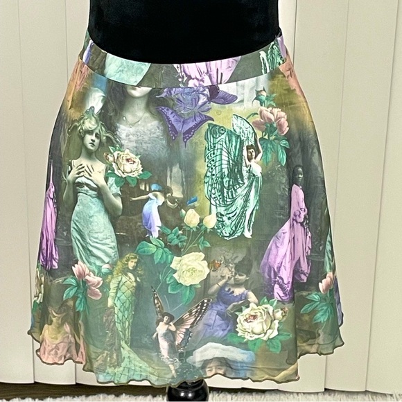 💔SOLD💔WIDOW Ink & Feather Victorian Portrait Print Mesh Mini Skater Skirt M - Picture 1 of 14